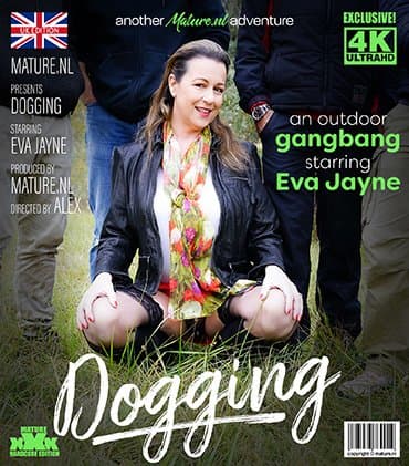 Outdoor mature dogging with Eva Jayne and three men with anal sex