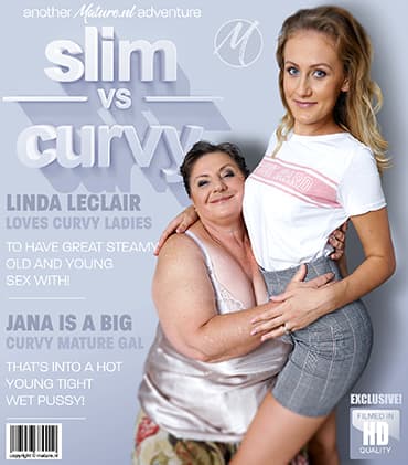 Hot slim babe licking an unshaved big breasted mature BBW Lesbian