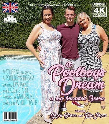 Eva Jayne and Lacey Starr are two big breasted cougars that love to share the poolboy