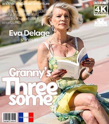 Modern grandma cougar Eva Delage gets two young to fuck her in a threesome