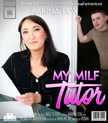 Naughty small breasted MILF Tutor Karina Fox with her shaved pussy is fucking her young student