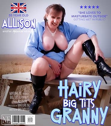55 year old big breasted granny Allison loves to play with her hairy pussy in public