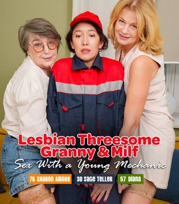 The young Mechanic Sage got her pussy eaten by a granny and a milf!