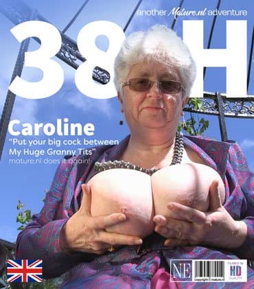 Granny Caroline with a cup size of 38 plays with Her Massive Tits and Talks Dirty in the Garden