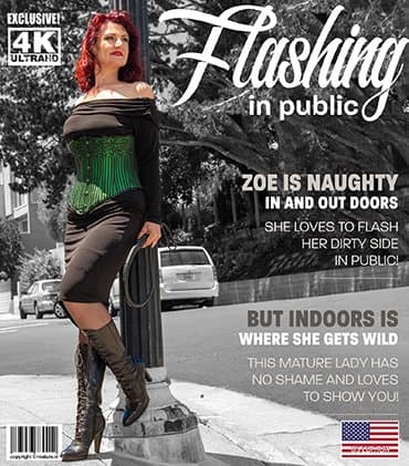 Zoe loves flashing in public but in bed is where this MILF gets really naughty