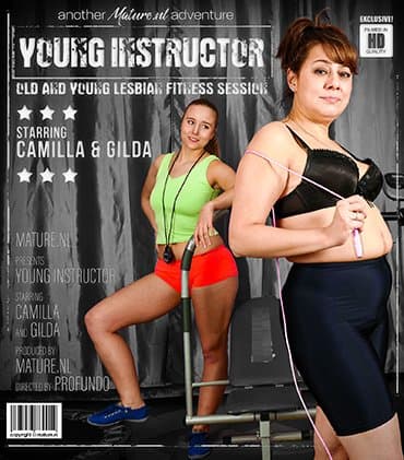An old and young lesbian fitness session becomes wet