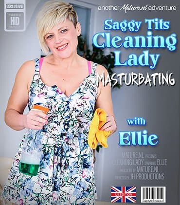 Masturbating British cleaning lady Ellie plays with her saggy tits and shaved pussy
