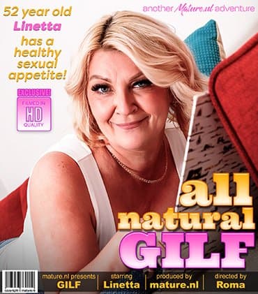 all natural GILF Linetta is 52 years old and loves to play alone with her shaved pussy at home