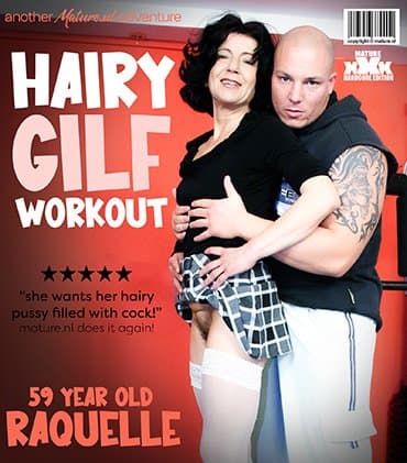 Raquelle is a hairy 59 year old GILF who needs a hard muscled cock in her hairy pussy at the gym